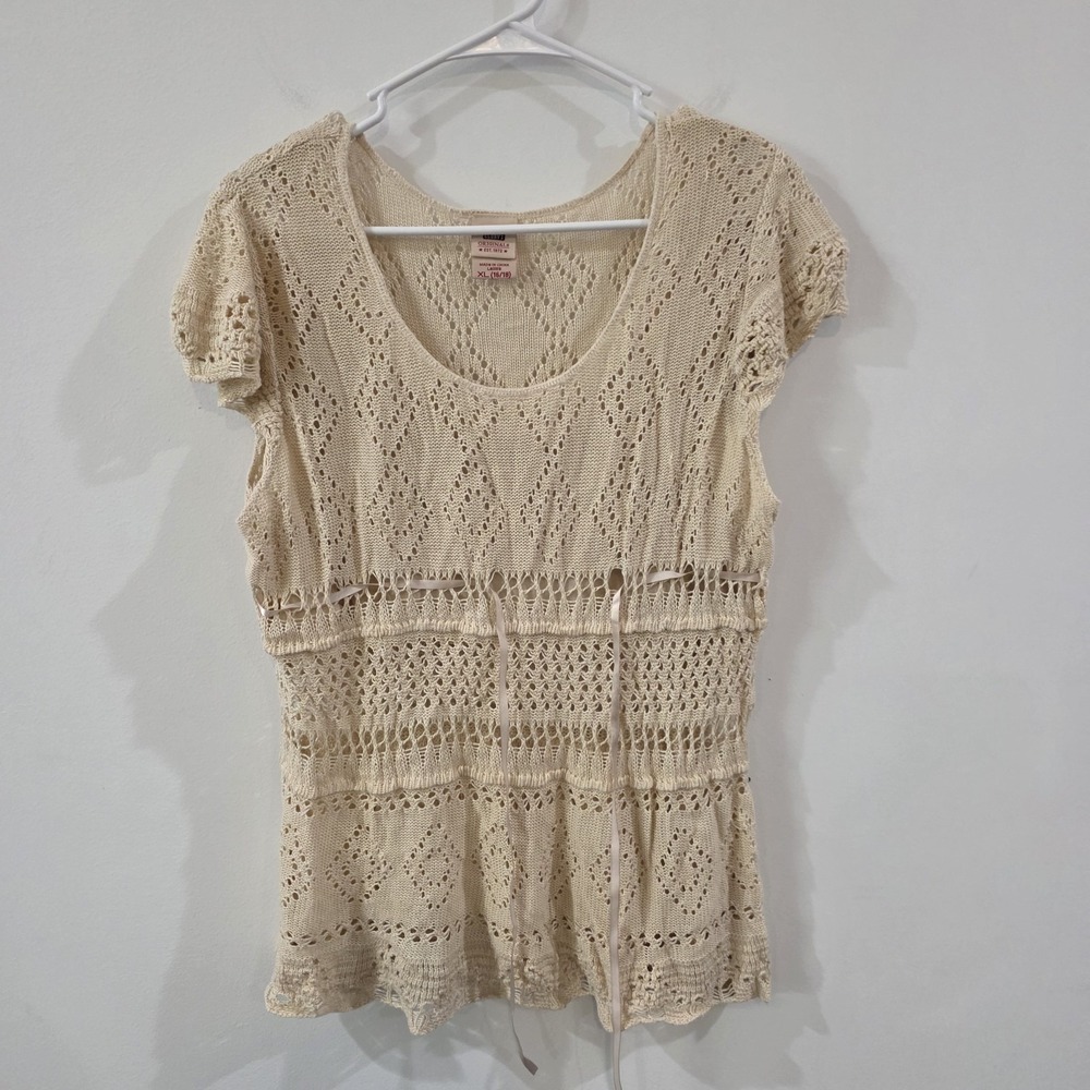 Vintage Y2K Faded Glory Crochet Babydoll Top Size XL Juniors Beige Fairy Ren